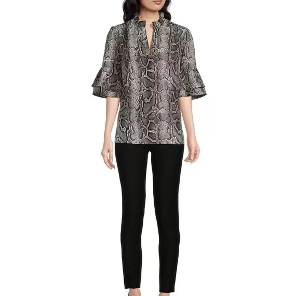 NWT XS Michael Kors Snake Print Ruffle Trim Mock V-Neck Ruffle Sleeve Blouse Top